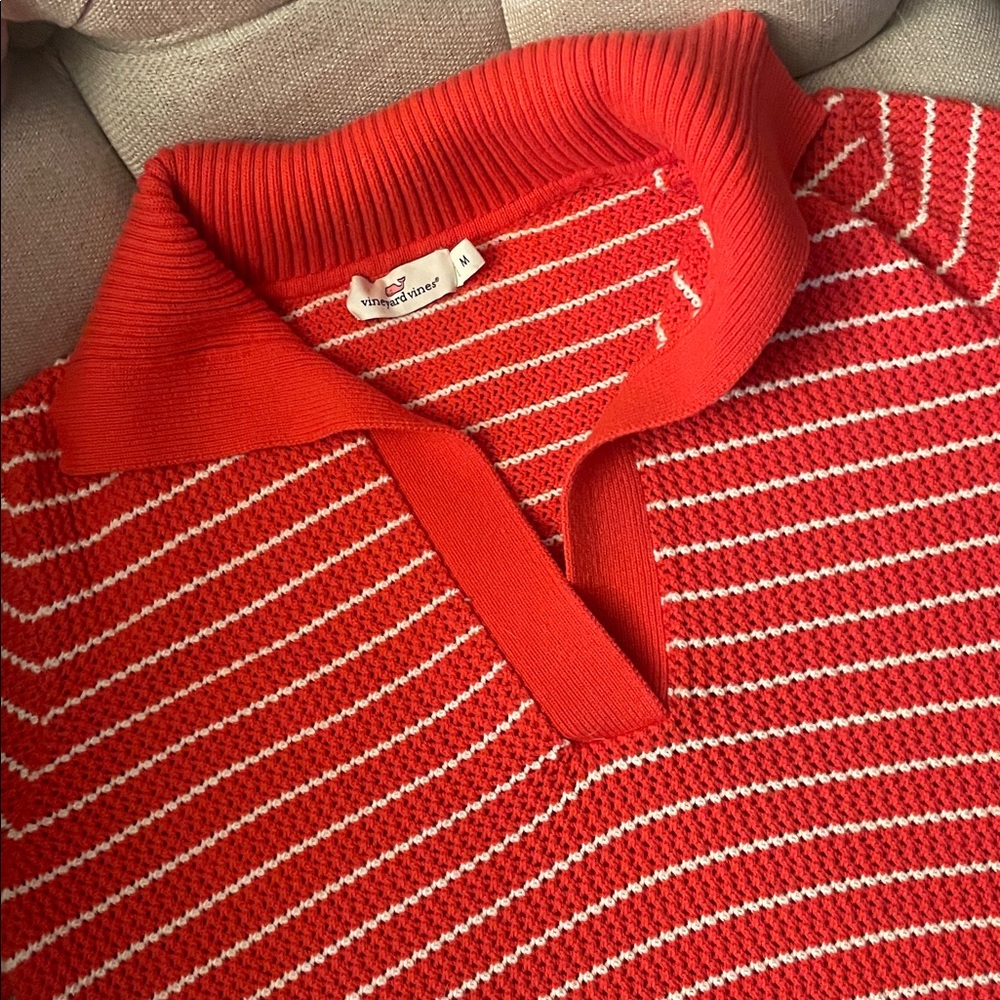 VINEYARD VINES RED KNIT STRIP COLLAR SWEATER